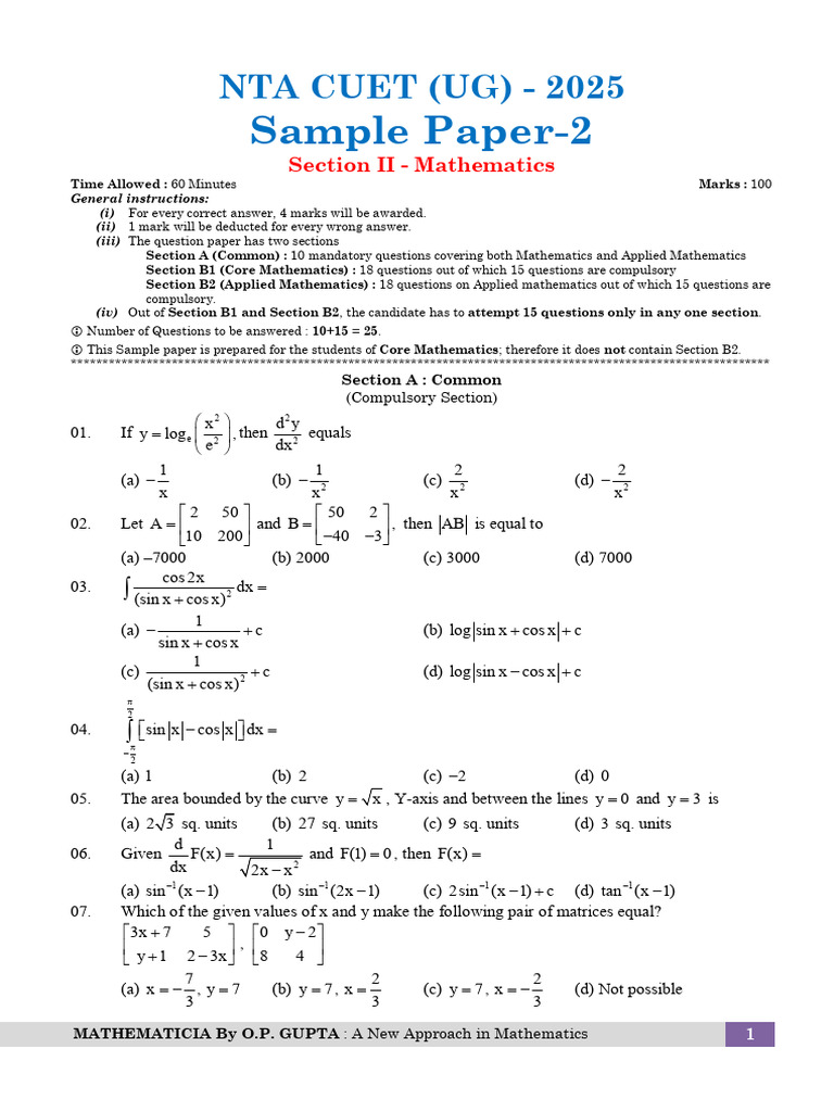CUET 2025 Mathematics Sample Paper | PDF | Function (Mathematics ...