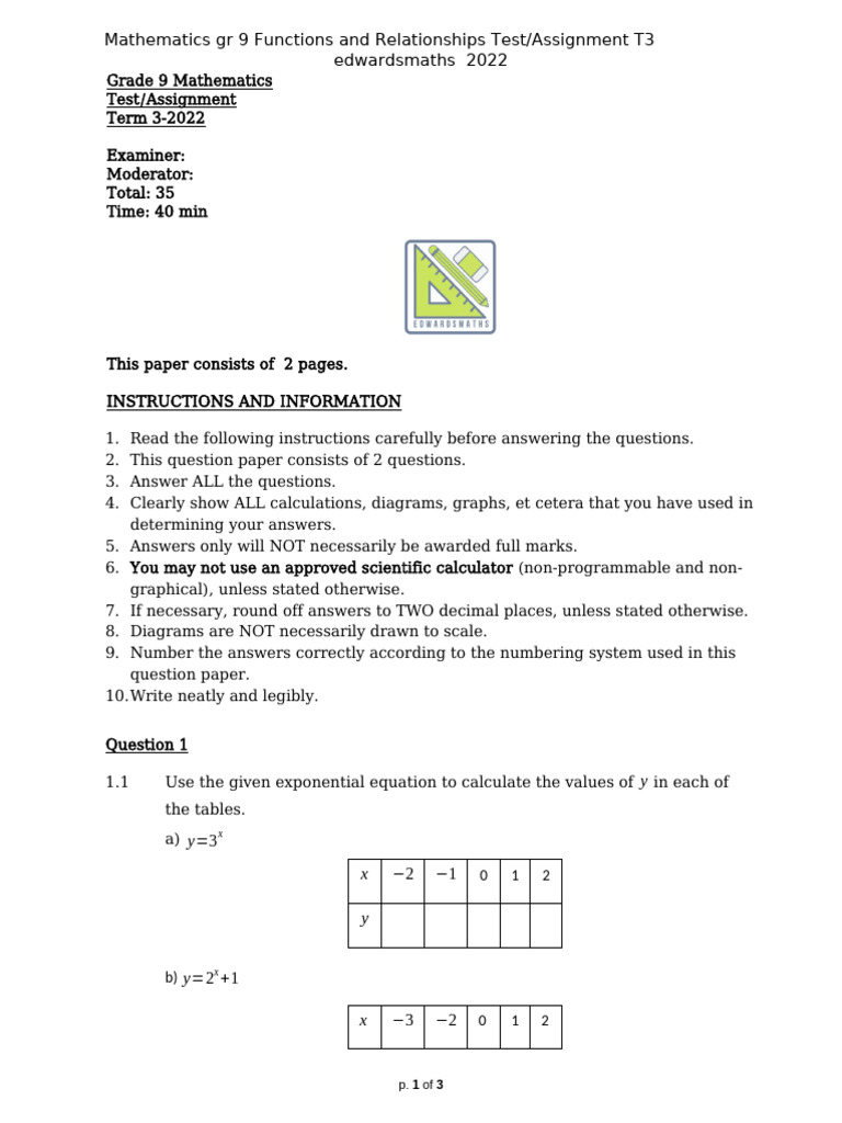 Grade 9 Maths T3 2022 Eng | PDF | Function (Mathematics) | Mathematics