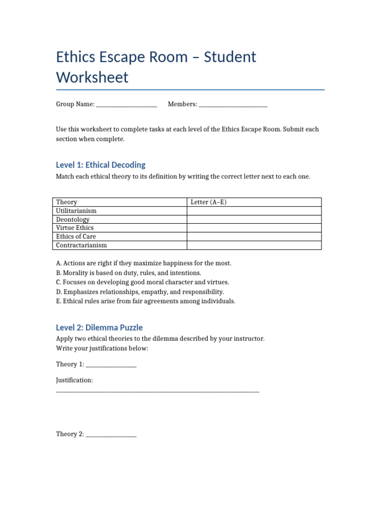 Ethics Escape Room Student Worksheet | PDF