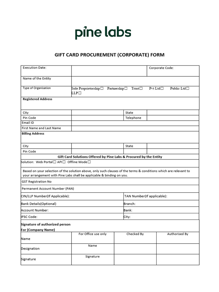 Pine Labs Gift Card Procurement Form | PDF | Legal Liability | Payments
