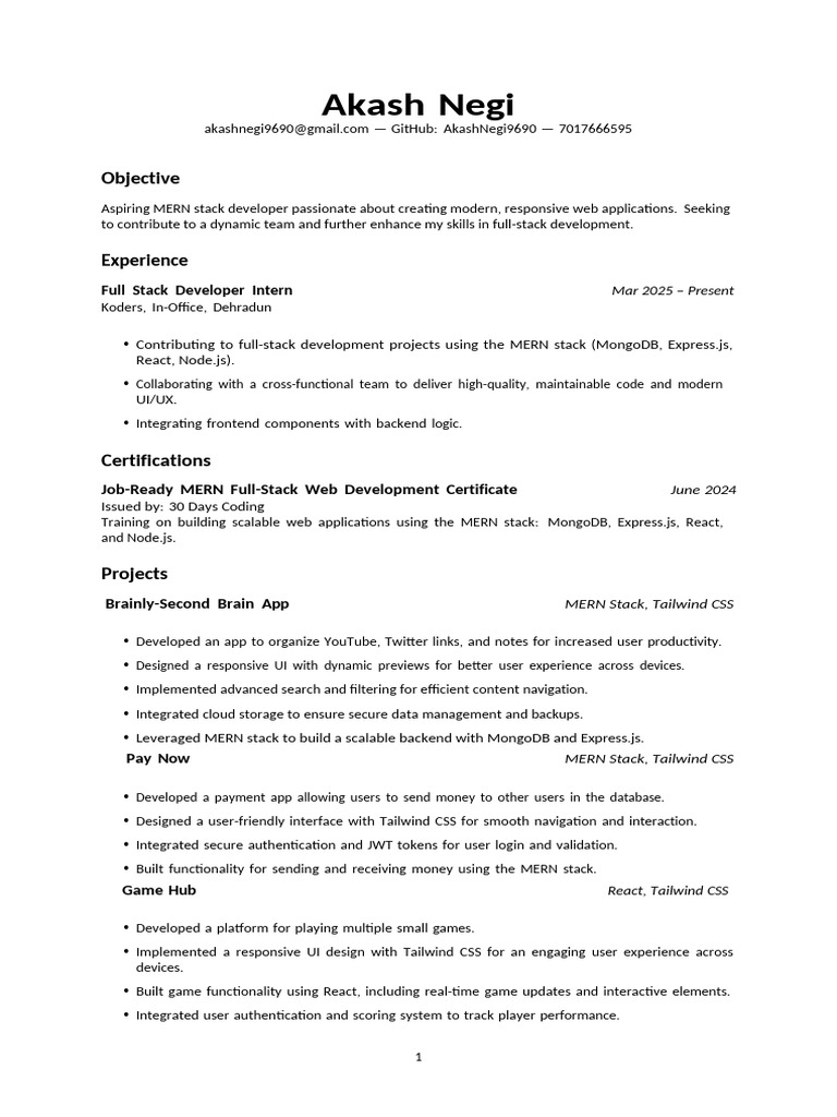 MERN Stack Developer Resume Overview | PDF | Software Development ...