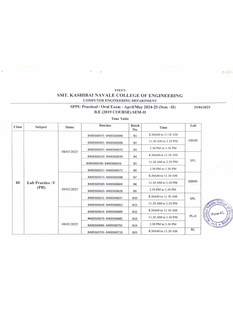 Be Sppu Pr-Or Batch Wise TT | PDF