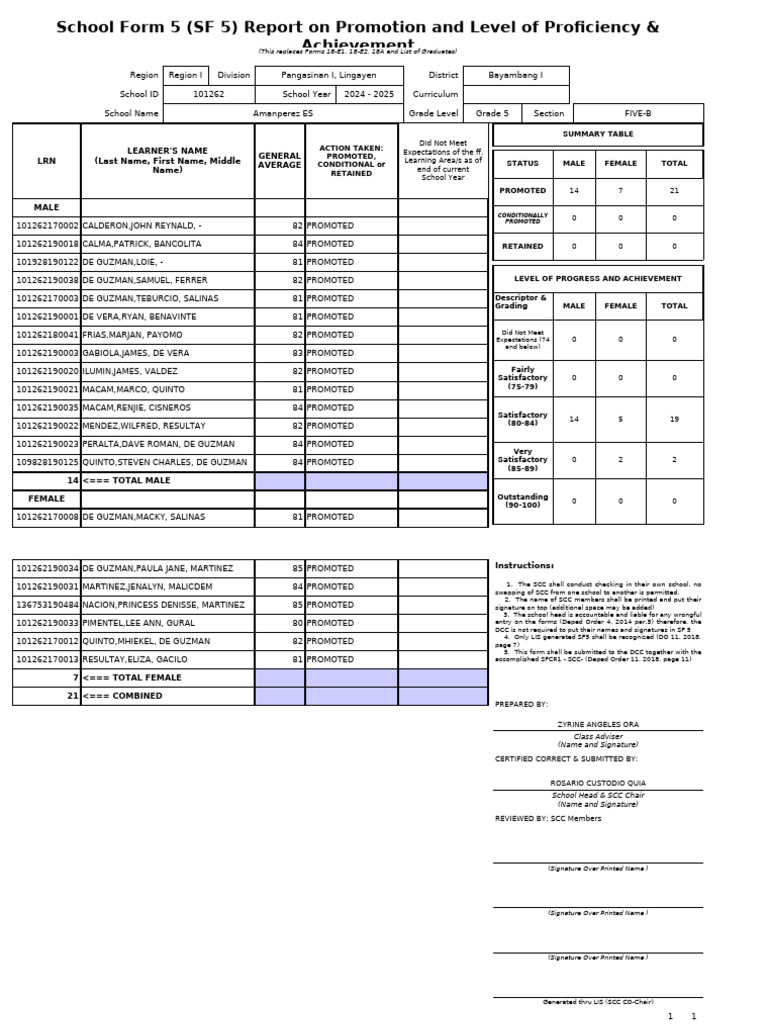 Grade 5 Promotion Report 2024-2025 | PDF
