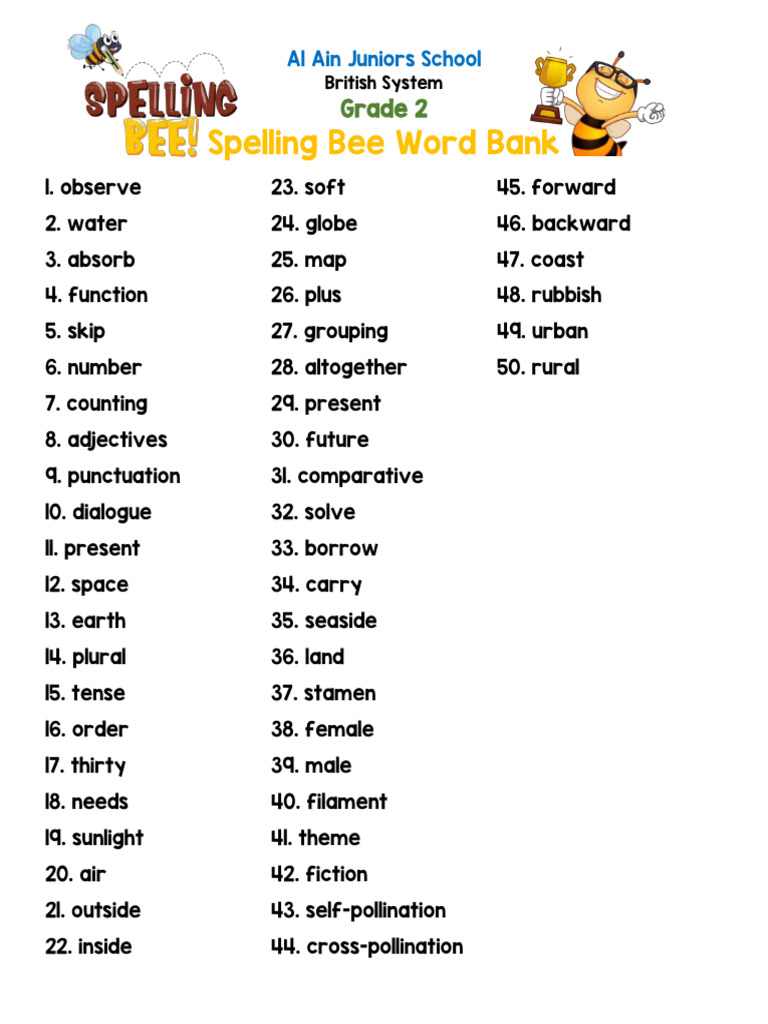 Grade 2 Spelling Bee Word Bank | PDF | Flowers | Verb