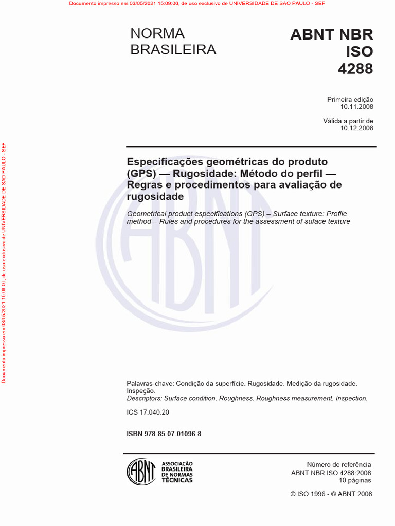 Norma ABNT NBR ISO 4288: Rugosidade | PDF | Medição | Parâmetro ...