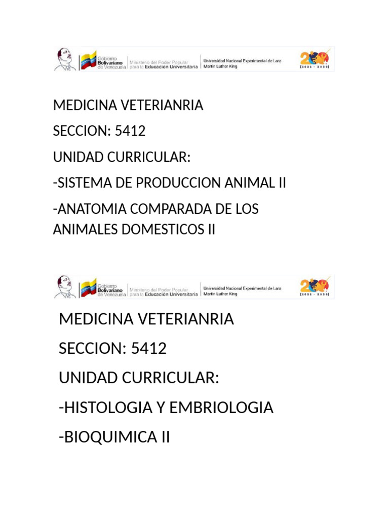 Unidades Curriculares de Medicina Veterinaria | PDF