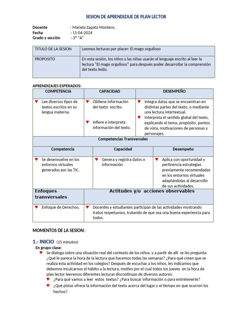 Sesion de Aprendizaje de Plan Lector | PDF | Lectura (proceso ...