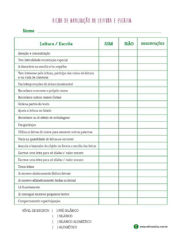 Ficha de Avaliação de Leitura e Escrita | PDF