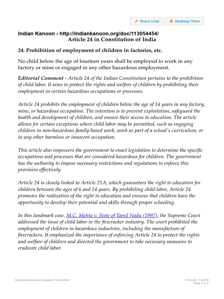 Article 24: Child Labor Prohibition | PDF | Child Labour | Employment