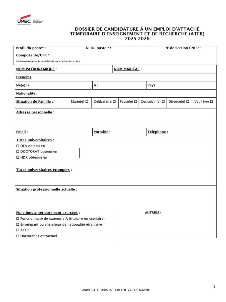 Dossier de candidature ATER 2025-2026 | PDF | Doctorat | Enseignants
