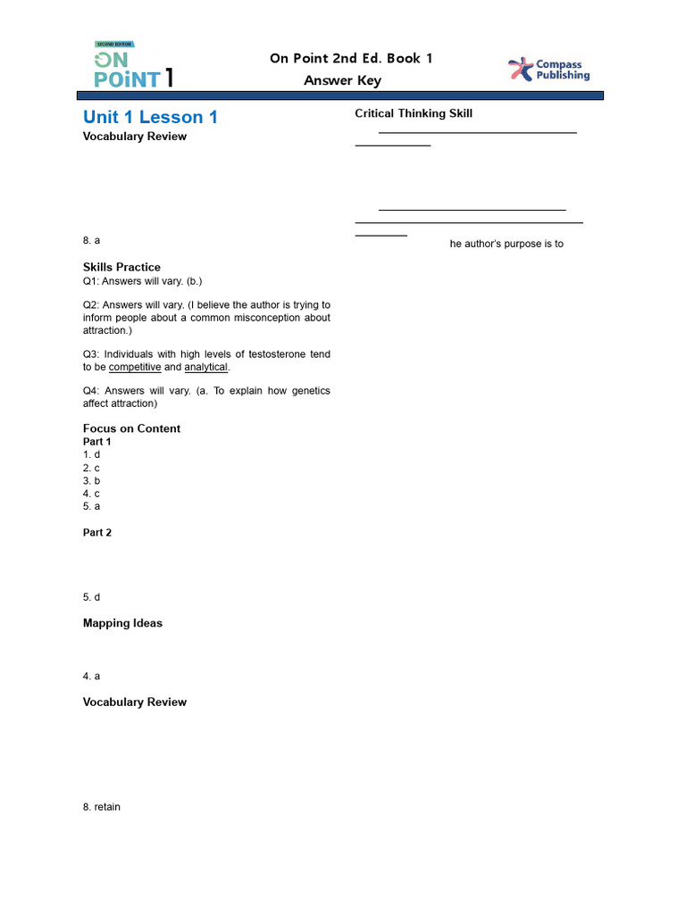 On Point 2nd Ed. Book 1 Answer Key | PDF | Sharing Economy | Critical ...