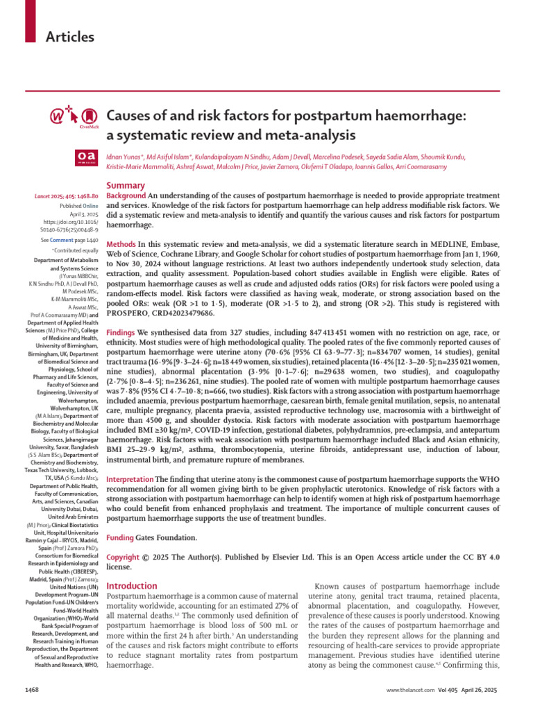Causes of and Risk Factors For Postpartum Haemorrhage | PDF ...
