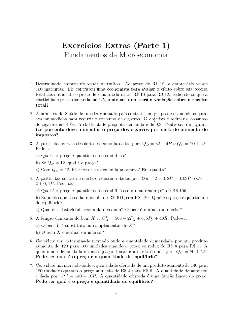 Parte 1 - Exercícios Extras e Gabaritos | PDF | Demanda | Oferta e procura