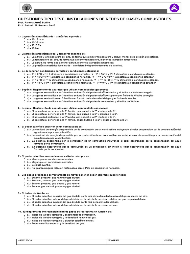 Cuestionario sobre Gases Combustibles | PDF | Combustibles | Gas natural