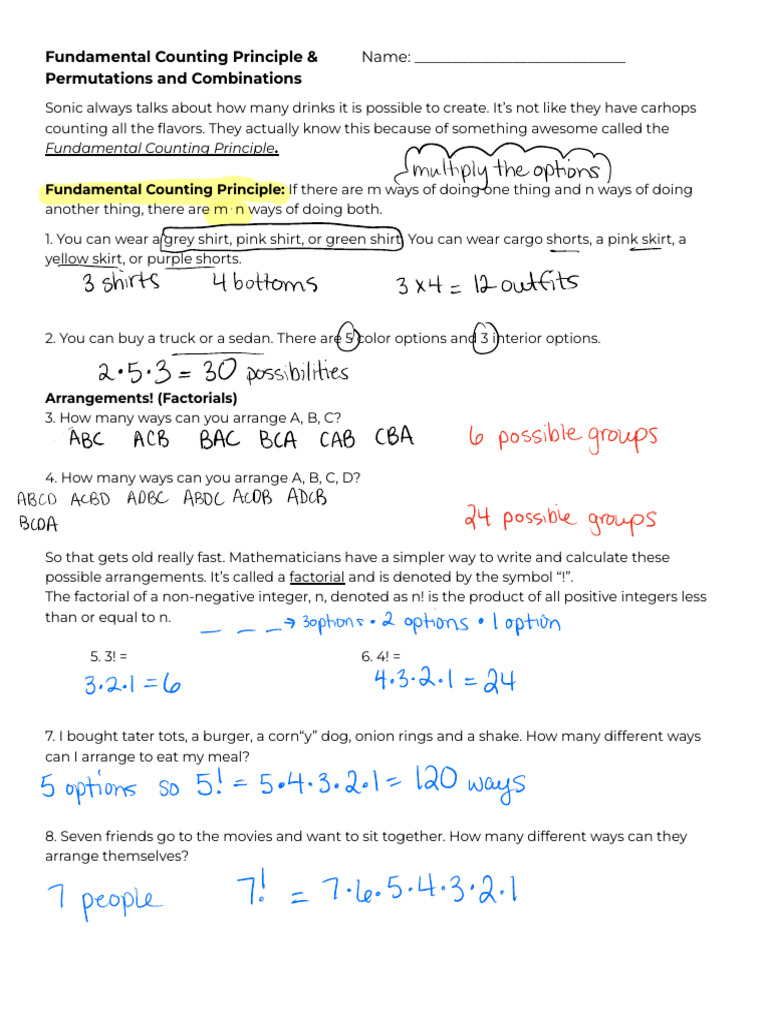 Permutations and Combinations & Fundamental Counting Principle KEY ...