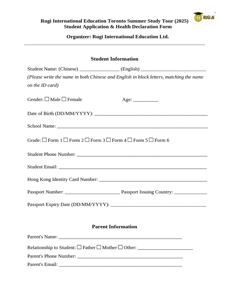 Rugi Toronto Study Tour 2025 - Student Application & Health Declration ...