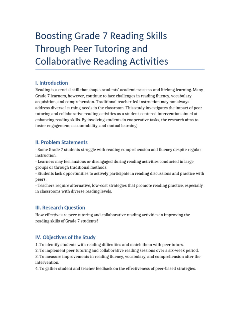 Peer Tutoring Grade7 Reading Action Research | PDF | Reading ...