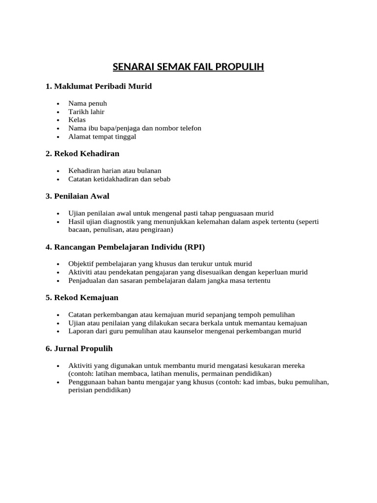 Senarai Semak Fail Propulih | PDF