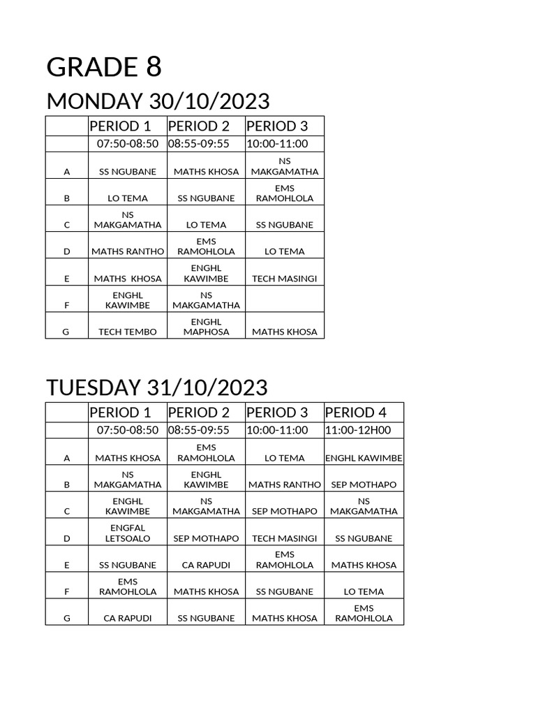 Grade 8 Weekly Class Schedule | PDF
