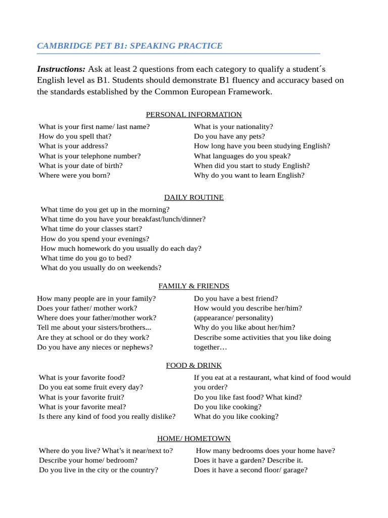 B1 Speaking Practice Questions Guide | PDF | Meal