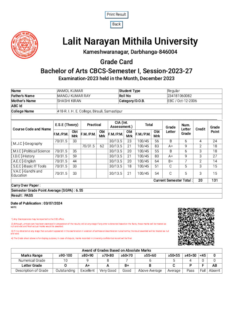 BA Semester I Grade Card 2023-27 | PDF | Computer Programming