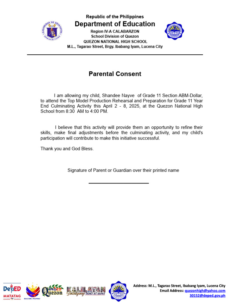 Parental Consent for School Activity | PDF