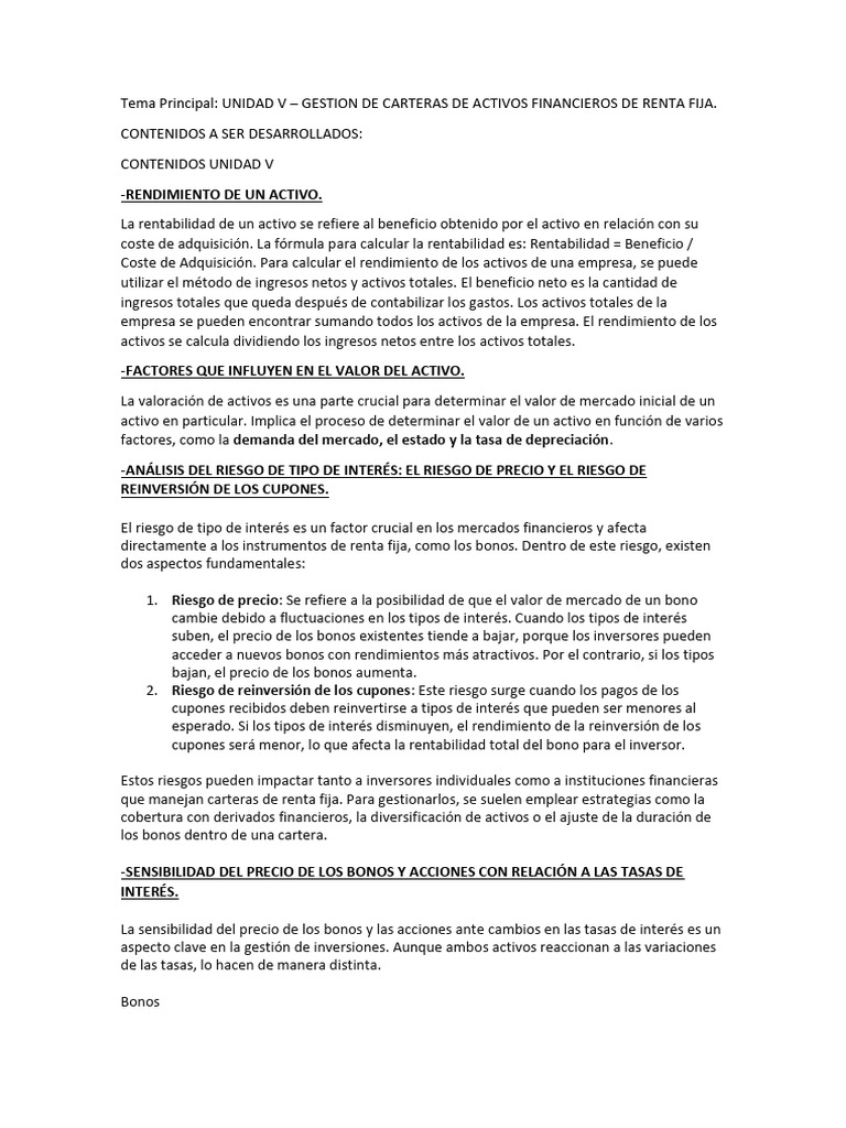 Unidad V.. Gestion de Carteras de Activos Financieros de Renta Fija ...
