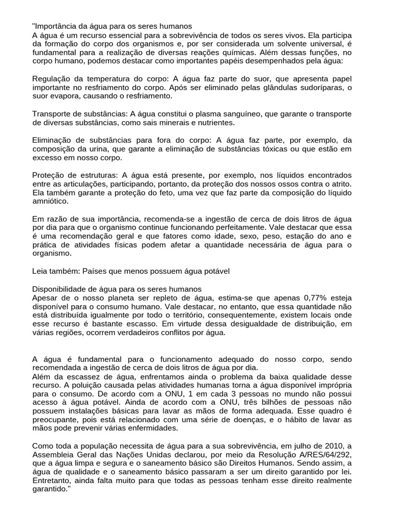 Importância da Água para os Seres Humanos | PDF | Água | Corpo humano