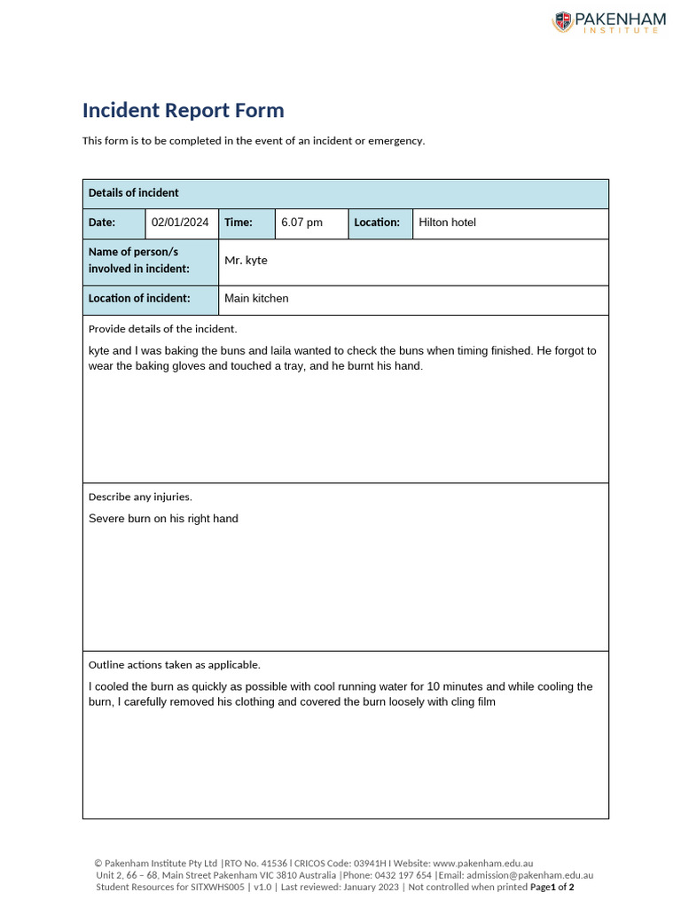 Incident Report: Kitchen Burn Injury | PDF