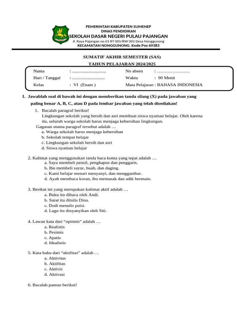Soal Bahasa Indonesia Kls 6 Ali 1 Pdf