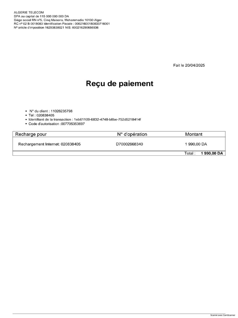Recu de Paiement | PDF