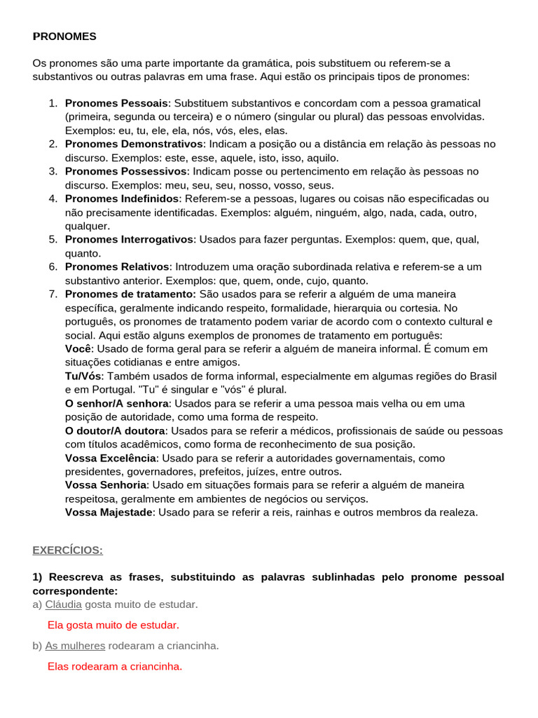 Tipos e Exemplos de Pronomes em Português | PDF | Pronome | Gramática
