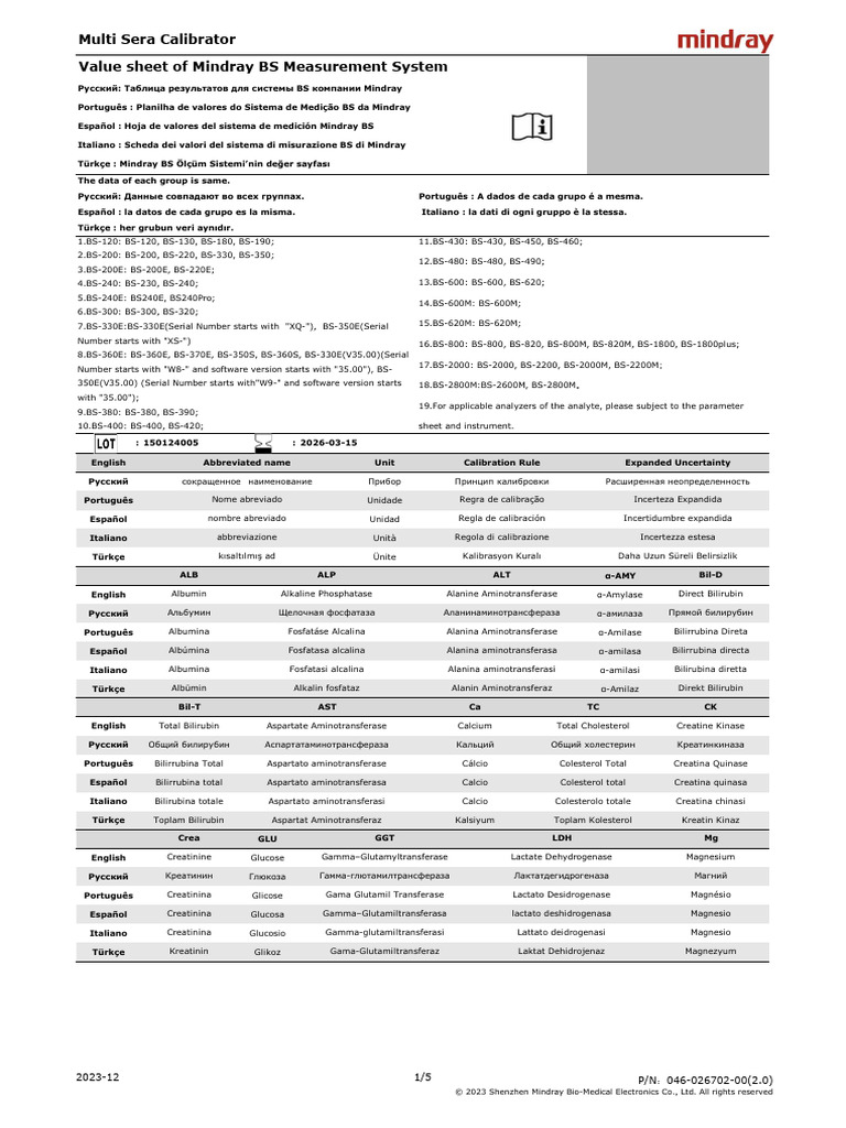 Mindray Multi Sera Calibrator Values | PDF