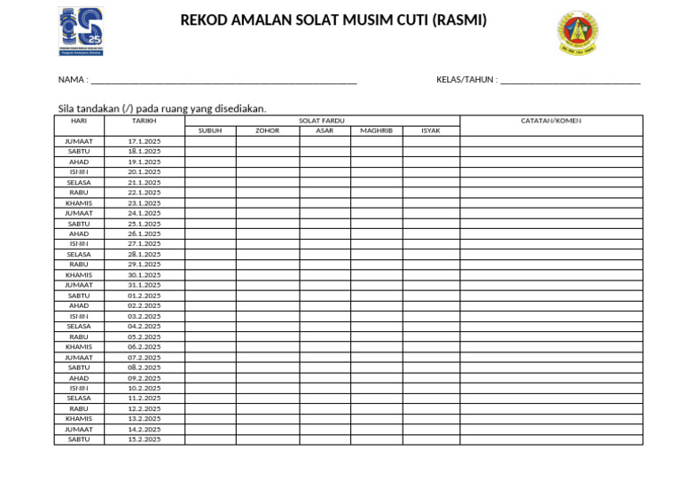Rekod Solat Fardhu Musim Cuti | PDF