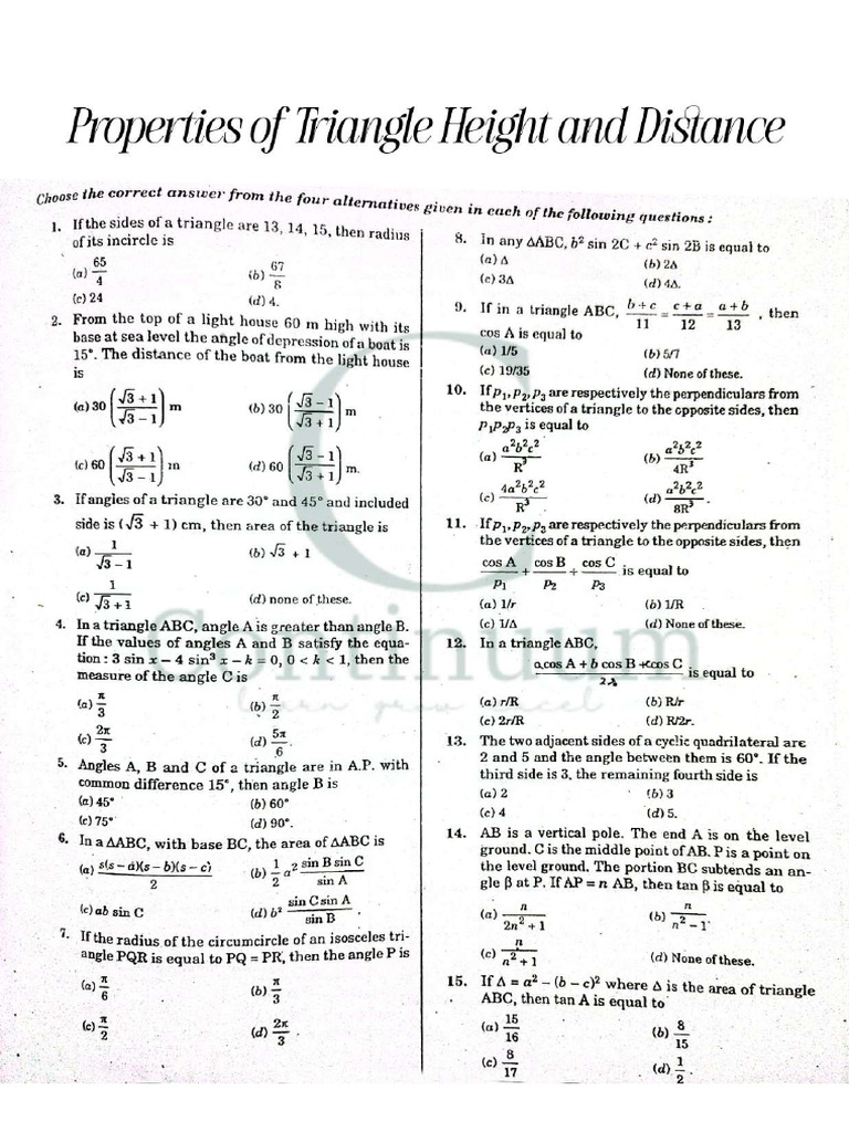 Properties of Triangle Height & Distance Mcqs | PDF