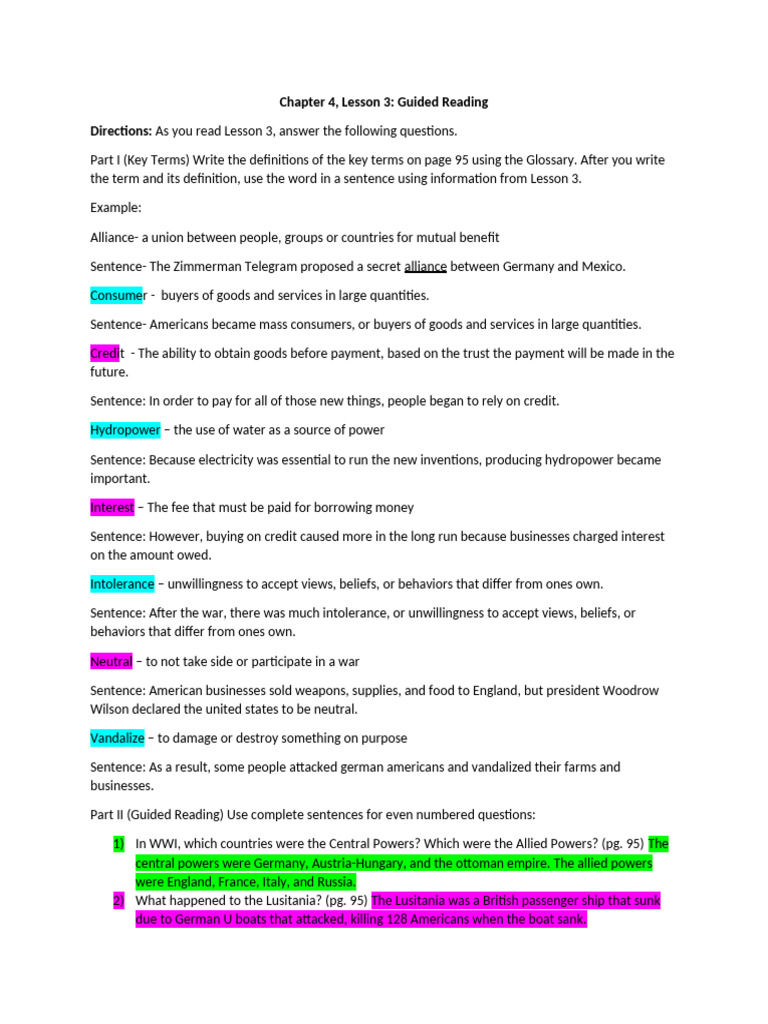 WWI Guided Reading Key Terms & Questions | PDF | Credit | Finance ...