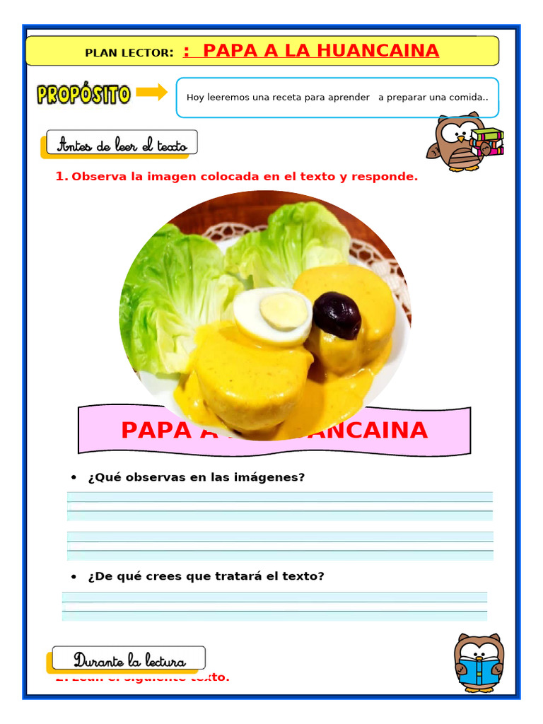U2 s4 Ficha d4 Plan Lector La Papa A La Huancaina | PDF | Cocina ...