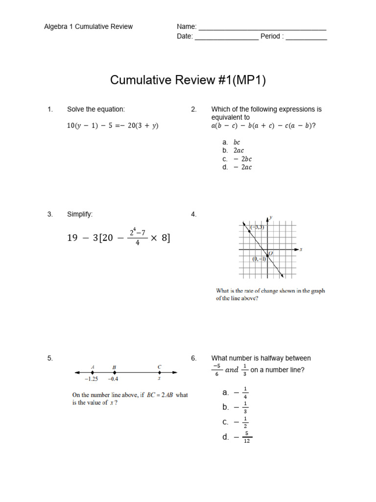 Algebra 1 Cumulative Review | PDF | Equations | Algebra