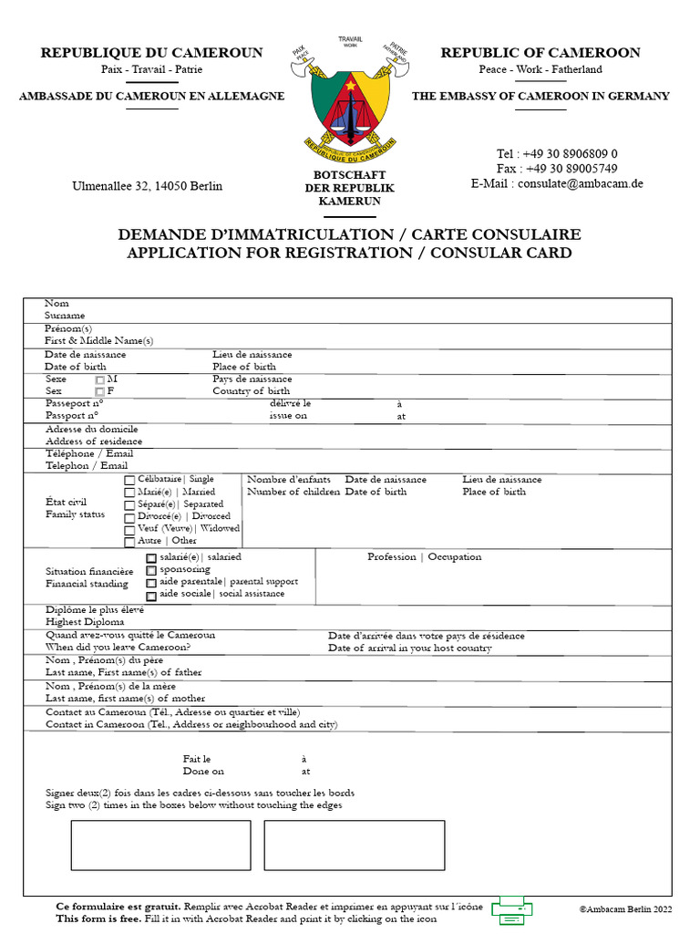Demande de carte consulaire Cameroun | PDF