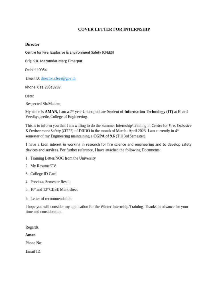 Internship Application to CFEES | PDF