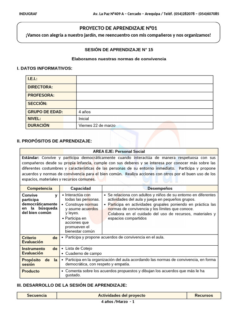 Normas de Convivencia para Niños de 4 Años | PDF | Salón de clases ...