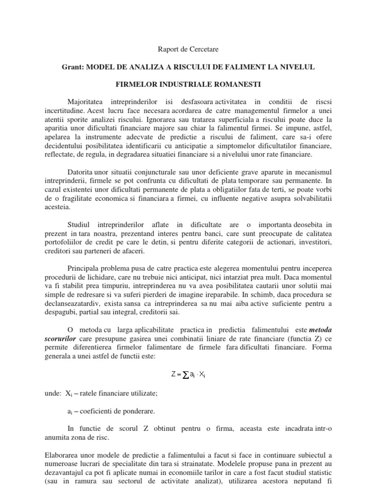Raport De Cercetare Un Model De Analiza A Riscului De Faliment