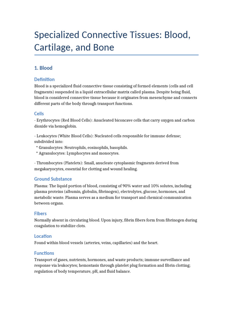 Blood as Specialized Connective Tissue | PDF | Bone | Blood