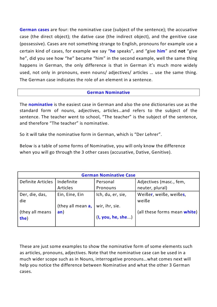 Understanding German Cases: Nominative to Genitive | PDF | Grammatical ...