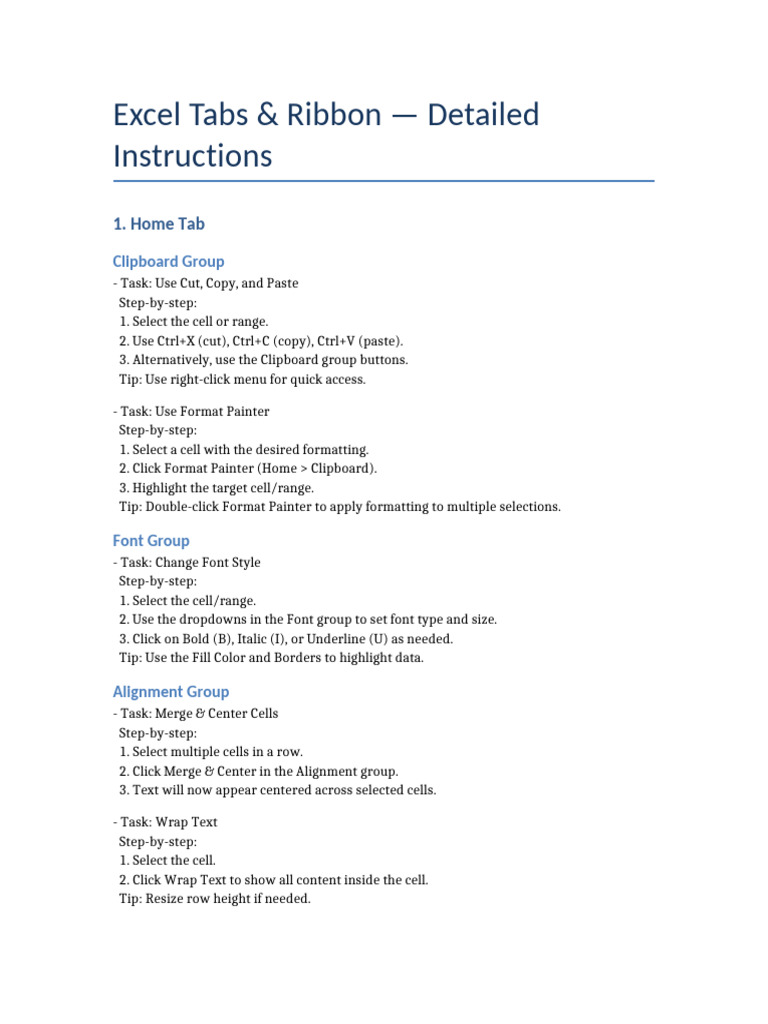 Excel Tabs Ribbon Detailed Instructions | PDF