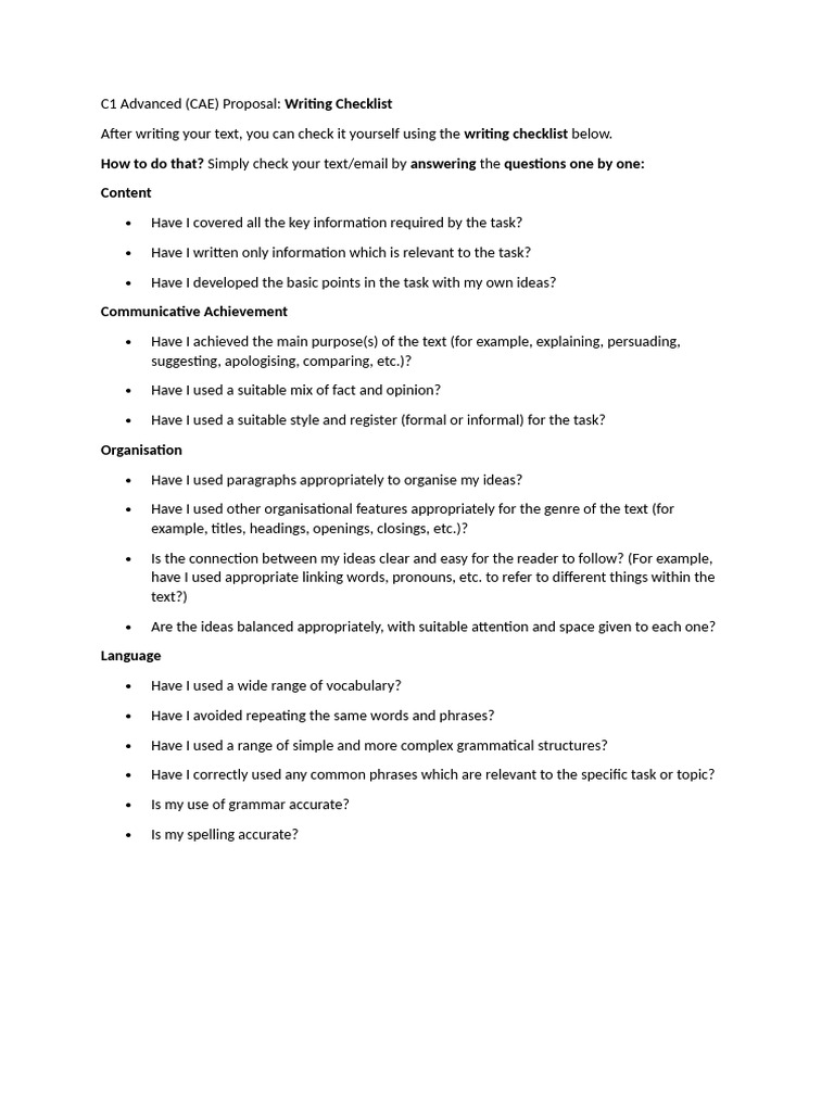 CAE Proposal Writing Checklist Guide | PDF | Word | Grammar