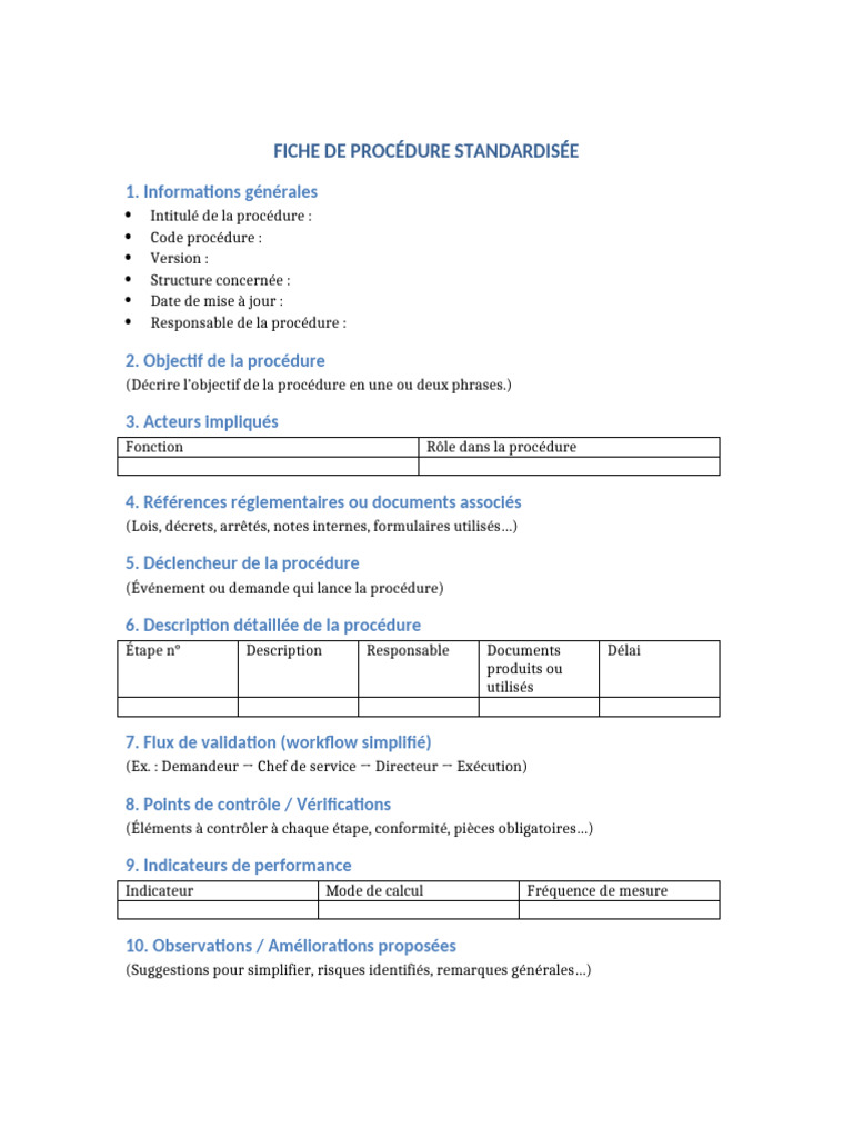 Modèle de fiche de procédure standardisée | PDF