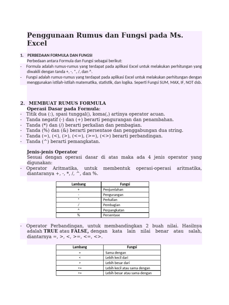 Perbedaan Rumus dan Fungsi Excel | PDF