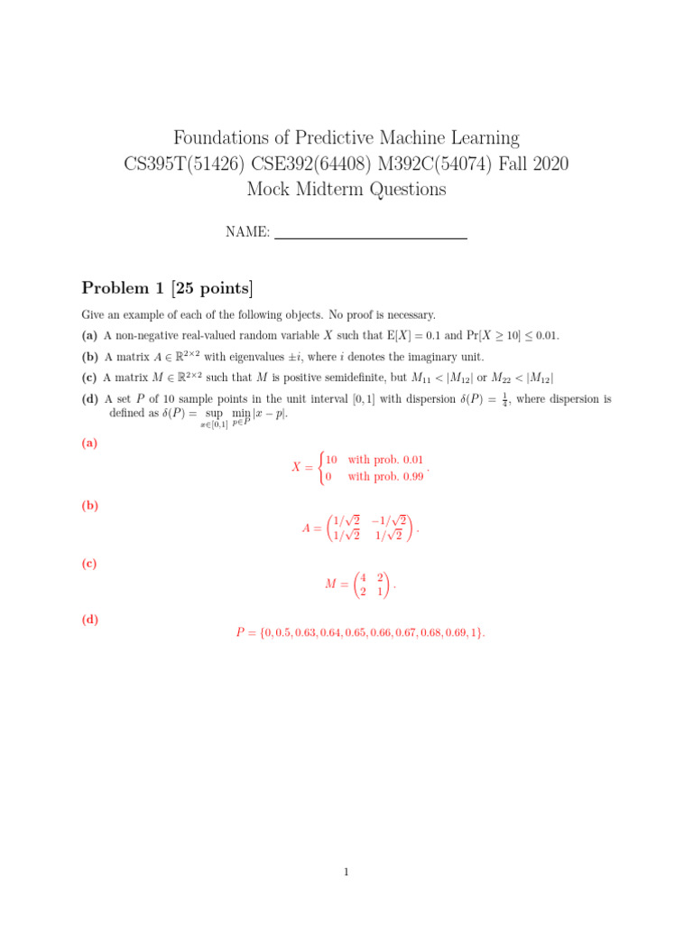 Fall2020 CS395T Mock Midterm Solutions | PDF | Basis (Linear Algebra ...