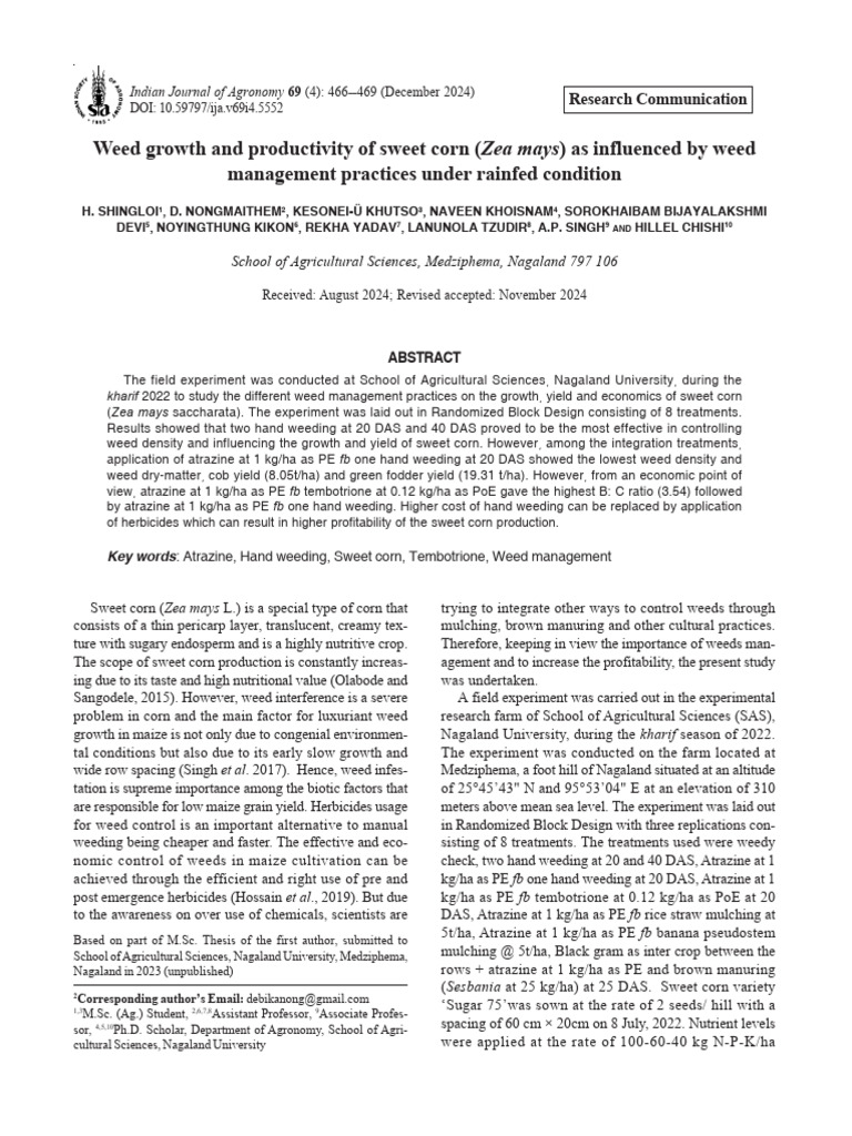 Weed Growth and Productivity of Sweet Corn (Zea Mays) As Influenced by ...